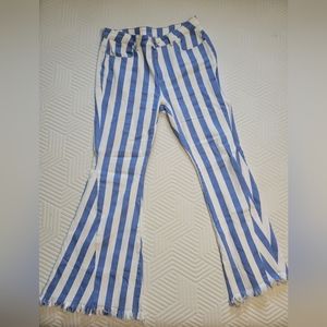 Sidefeel Women's Striped Bell Bottom Jeans Raw Hem Flared Denim Pant